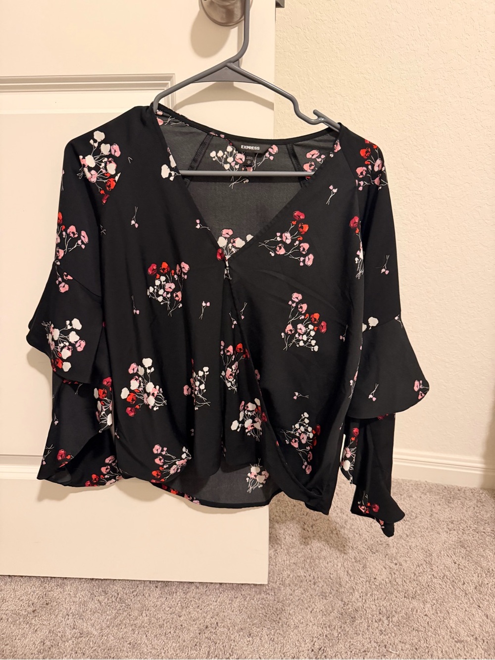 Express Black Floral Surplice Bell Sleeve Blouse